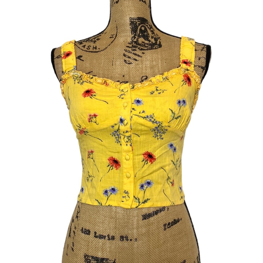 Forever 21 Yellow Floral Elastic Sleeveless Fitted Crop Top S